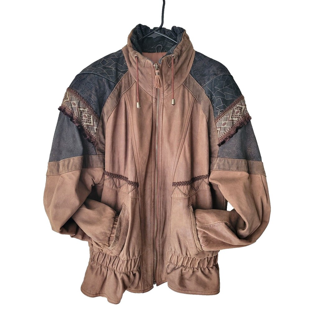 Winlit Vintage 80s 90s Patchwork Leather Bomber Jacket Oversized Statement Brown